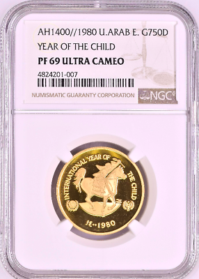 1400/1980 UAE 750 Dirhams Gold Proof Coin Year of the Child NGC PF69