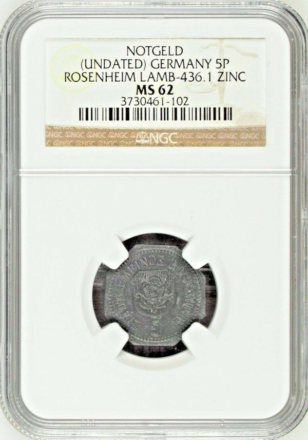 Germany Notgeld Coin Rosenheim Bayern 5 Pfennig Funck-450.1 Flower Rose NGC MS62