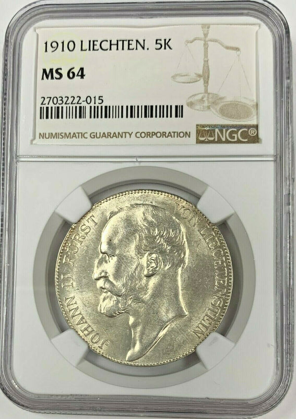1910 Liechtenstein 5 Kronen Silver John Johann II NGC MS64 Mintage-10,000