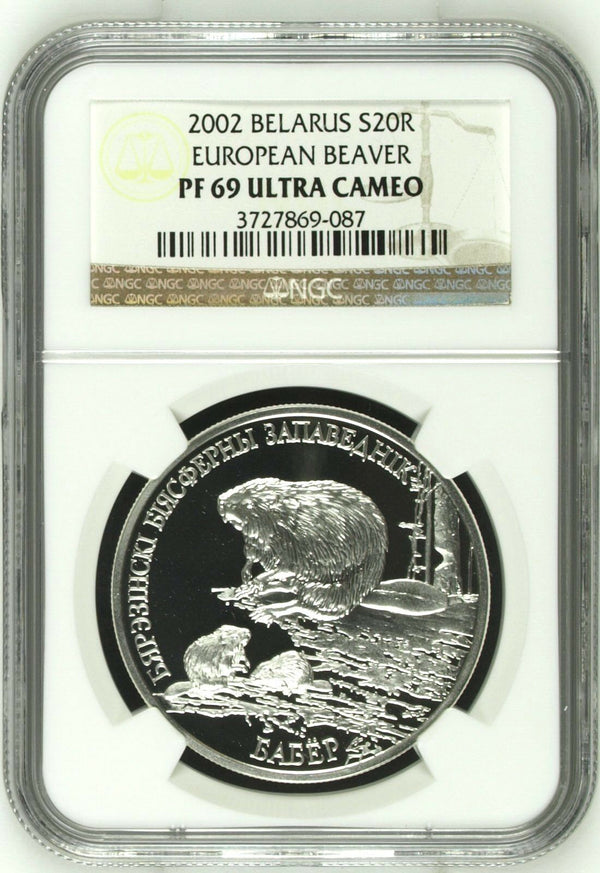 2002 Belarus Silver Coin 20 Roubles European Beaver Wildlife NGC PF69 Low Mint.