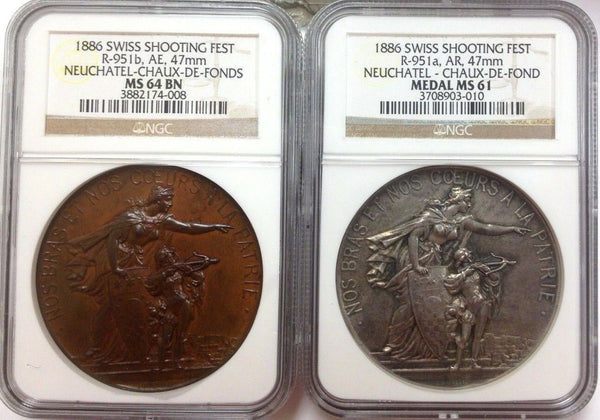 Swiss 1886 Set 2 Medals Shooting Fest Neuchatel Chaux de Fond R-951a 951b NGC