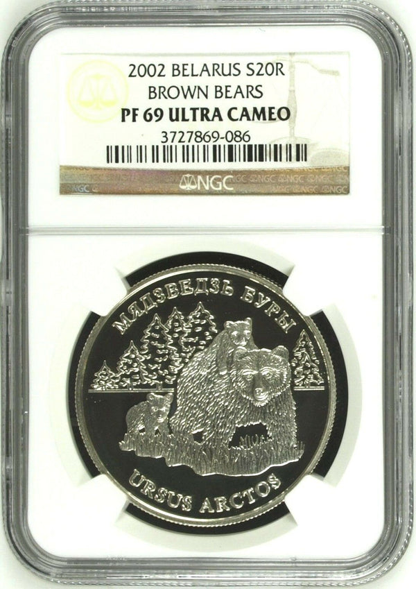 2002 Belarus Silver Coin 20 Roubles Brown Bears Wildlife NGC PF69 Low Mintage