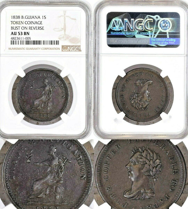 1838 British Guiana 1 Penny George IV Britannia Trade & Navigation NGC AU53 Rare
