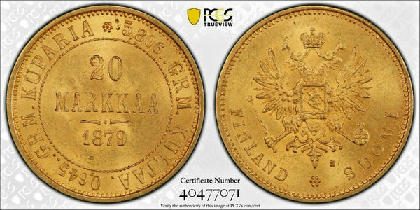1879 Finland / Russia Gold 20 Markkaa Aleksandr II / Nikolai II PCGS MS 63