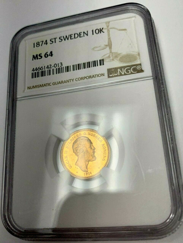 1874 Gold 10 Kronor Oscar II King of Sweden and Norway NGC MS64