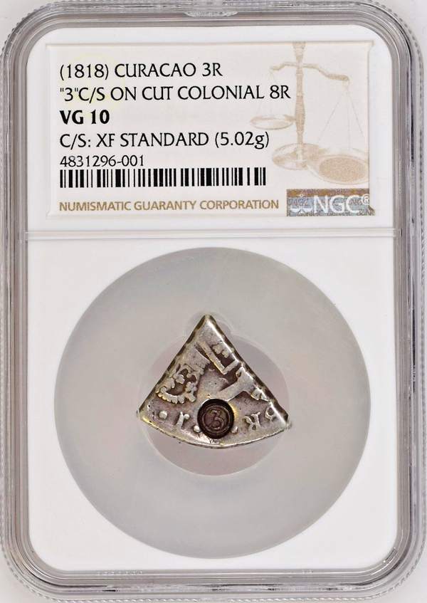 1818 Curacao 3 Reaal LONG 3 on 1/5 cut Spanish Colonial 8 Reales NGC VG10