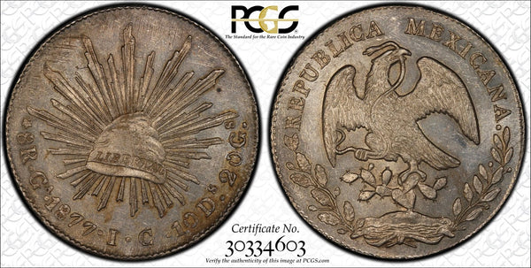 Mexico: Silver 8 Reales 1877-Ga IC, Guadalajara Mint, PCGS MS61