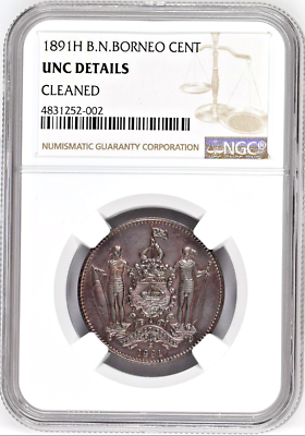 1891 H British North Borneo Bronze Coin 1 Cent NGC UNC