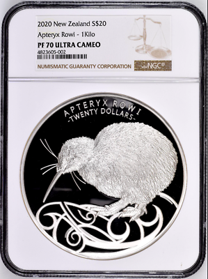 2020 New Zealand Silver $20 NGC PF70 Mintage-100 Bird Kiwi 1 Kilo Arteryx Rowi