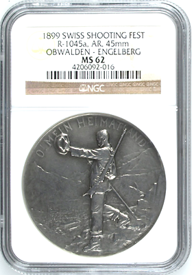 Rare Switzerland 1899 Silver Shooting Medal Obwalden Engelberg R-1045a NGC MS62