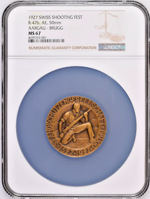 Rare Swiss 1927 Silver Medal Shooting Fest Aargau Brugg R-47b NGC MS67