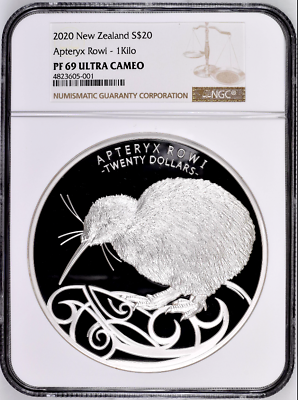 2020 New Zealand 1 Kilo Silver $20 NGC PF69 Bird Kiwi Arteryx Rowi Mintage-100