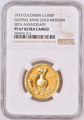 Colombia 1973 Gold 1500 Pesos NGC PF67 Museum of Central Bank of Bogota