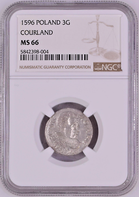 Very Rare 1596 Poland Silver 3 Grossus Courland Friedrich Kettler Mitau NGC MS66