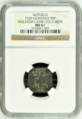 1920 Germany Weimar Notgeld Square Coin Mulheim 50 Pfennig Funck-344.6 NGC MS61