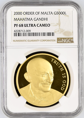 Order of Malta 2000 Gold Proof Coin 5000 Liras Mahatma Gandhi NGC PF68