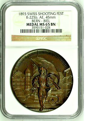 Swiss 1893 Bronze Shooting Medal Bern Biel R-225b NGC MS65 Mintage-800