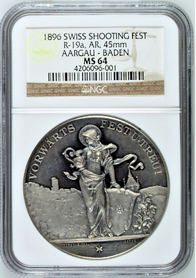 Swiss 1896 Silver Medal Shooting Fest Aargau Baden R-19a NGC MS64 Low Mintage