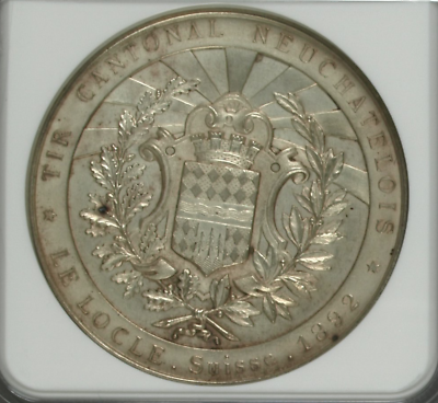 Swiss 1892 Silver Shooting Medal Neuchatel Le Locle NGC MS61 R-959b