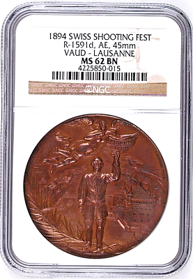 Swiss 1894 Bronze Shooting Medal Vaud Lausanne NGC MS62 Mintage-880 R-1591d