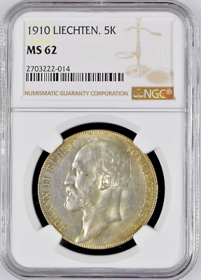 Liechtenstein 1910 Silver 5 Kronen John Johann II Fürst NGC MS62 Mintage-10,000