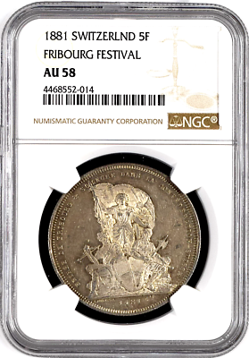 Swiss 1881 Silver Shooting Medal 5 Francs Fribourg Switzerland R-403a NGC AU58