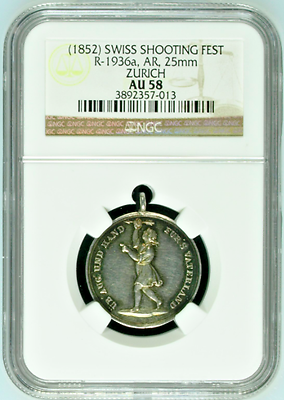 Swiss Silver Shooting Medal 1852 Zurich R-1936a Girl Switzerland NGC AU58