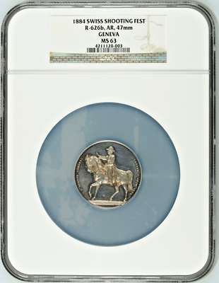 Rare Swiss 1884 Silver Shooting Medal NGC MS63 Geneva R-626b Mintage-322