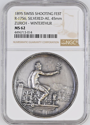 Swiss 1895 Silver Shooting Medal NGC MS62 Zurich Winterthur R-1756b