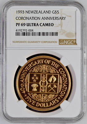 1993 New Zealand Gold $5 NGC PF69 Coronation Jubilee Elizabeth II Mintage-210