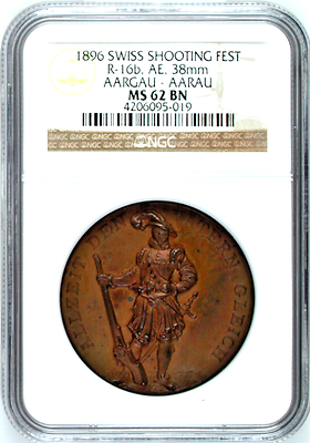 Swiss 1896 Bronze Shooting Medal Aargau Aarau R-16b Mintage-230 NGC MS62