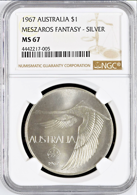 1967 Australia Silver Dollar Black Swan in Flight Meszaros Fantasy NGC MS67