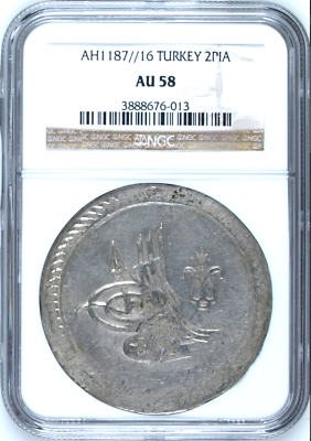 AH1187 year 16 Turkey Abdul Hamid I 2 Kurush Silver Coin Kostantiniye NGC AU58