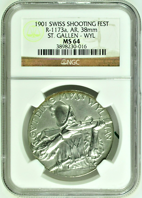 Swiss 1901 Silver Shooting Medal St Gallen Wyl R-1173a NGC MS64