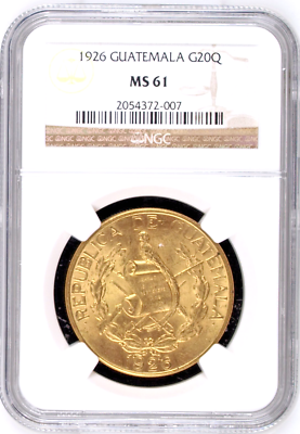 1926 Guatemala Republic Gold Coin 20 Quetzales NGC MS61 Rare