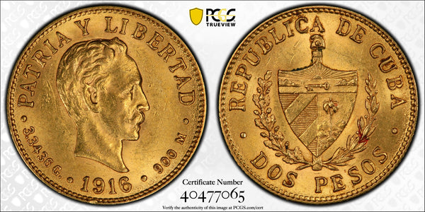 1916 Cuba Gold 2 Pesos PCGS MS62 Coin