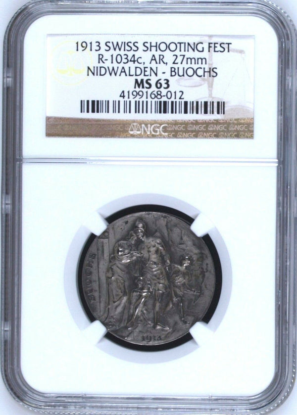 Swiss 1913 Silver Shooting Medal Nidwalden Buochs R-1034c Man Woman NGC MS63