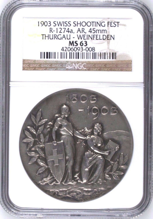Rare Swiss 1903 Silver Shooting Medal Thurgau Helvetia R-1274a NGC MS63 Mint-400