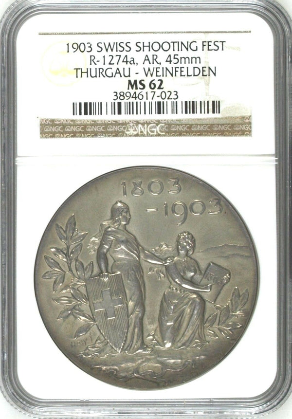Swiss 1903 Silver Shooting Medal Thurgau Weinfelden Mintage-400 R-1274a NGC MS62