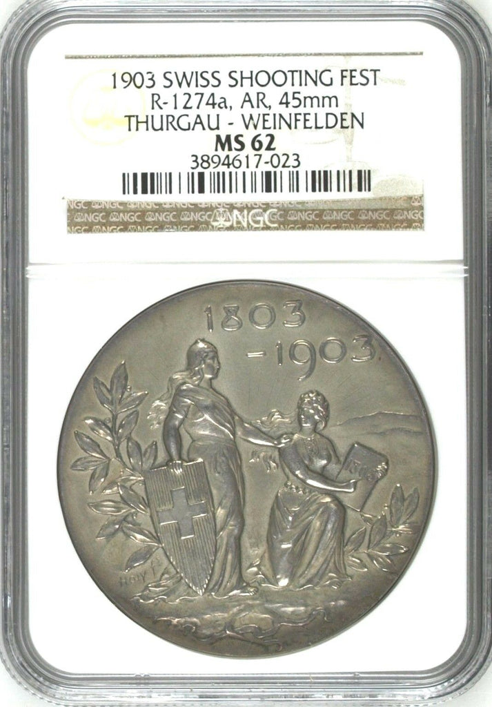 Swiss 1903 Silver Shooting Medal Thurgau Weinfelden Mintage-400 R-1274a NGC MS62