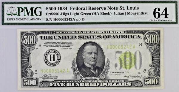 1934 $500 Bill Federal Reserve Note St. Louis PMG CU64 Fr2201-Hlgs