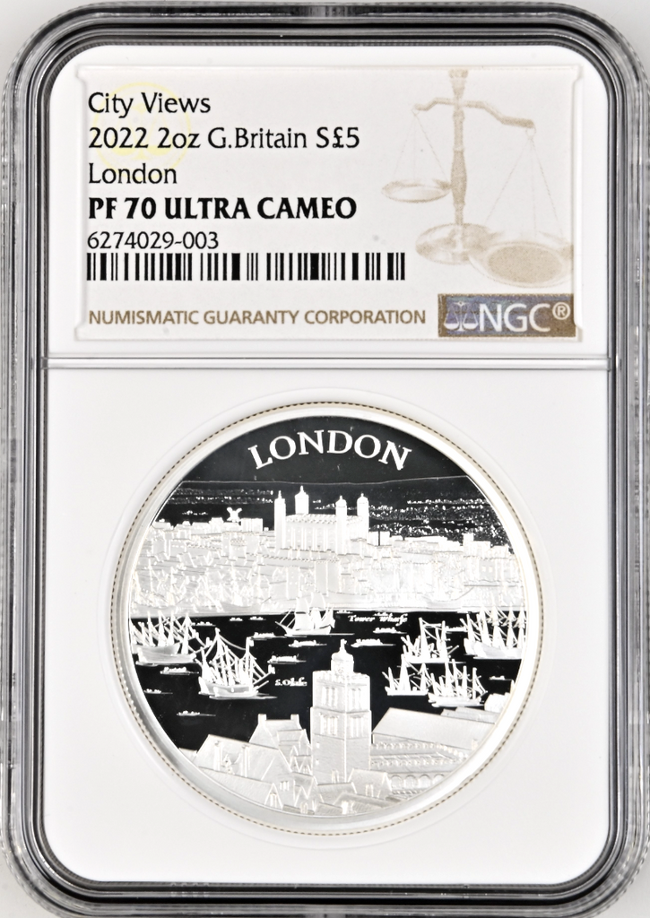 2022 Great Britain Silver £5 London Tower Wharfe River Thames NGC PF70 Top Pop