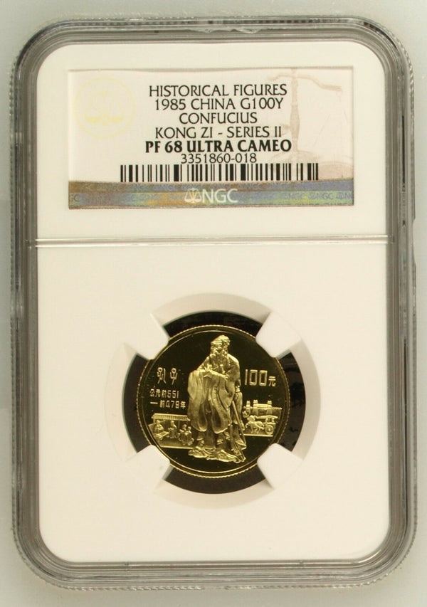 China 1985 Gold Coin 100 Yuan Historical Figures Confucius Kong Zi NGC PF 68