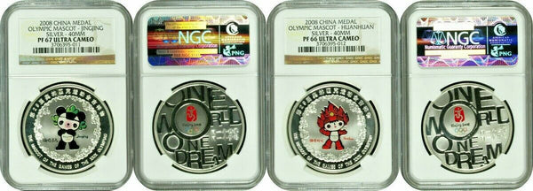 2008 China Silver Set of 5 Medals Mascots of the Games of the XXIX Olympiad NGC
