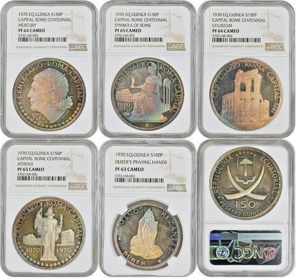 Guinea 1970 Set 5 Silver Coins 100 150 Pesetas Rome Capital NGC PF63-65