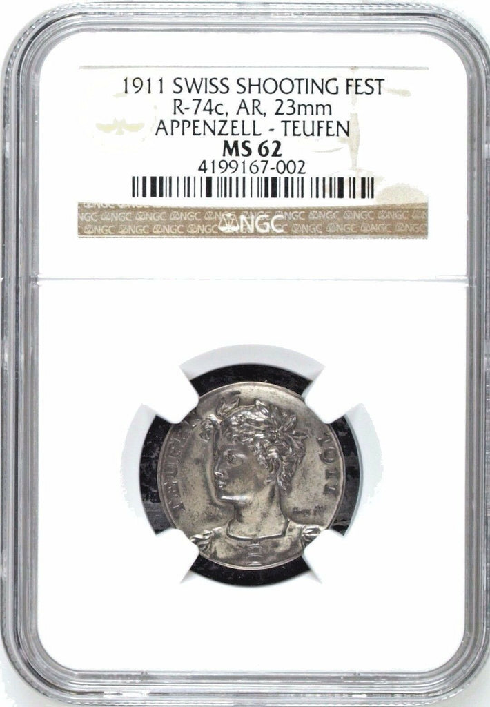 Swiss 1911 Silver Shooting Medal Appenzell Teugen R-74c NGC MS62 Mintage-577