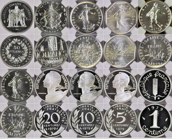 France 1979 Set 10 Silver Piefort Coins Paris NGC PF66-69 Low Mintage Box