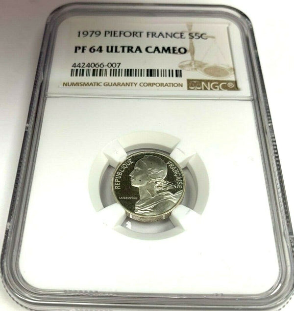 1979 France Proof Silver Coin 5 Centimes Piedfort NGC PF64 Mintage-600