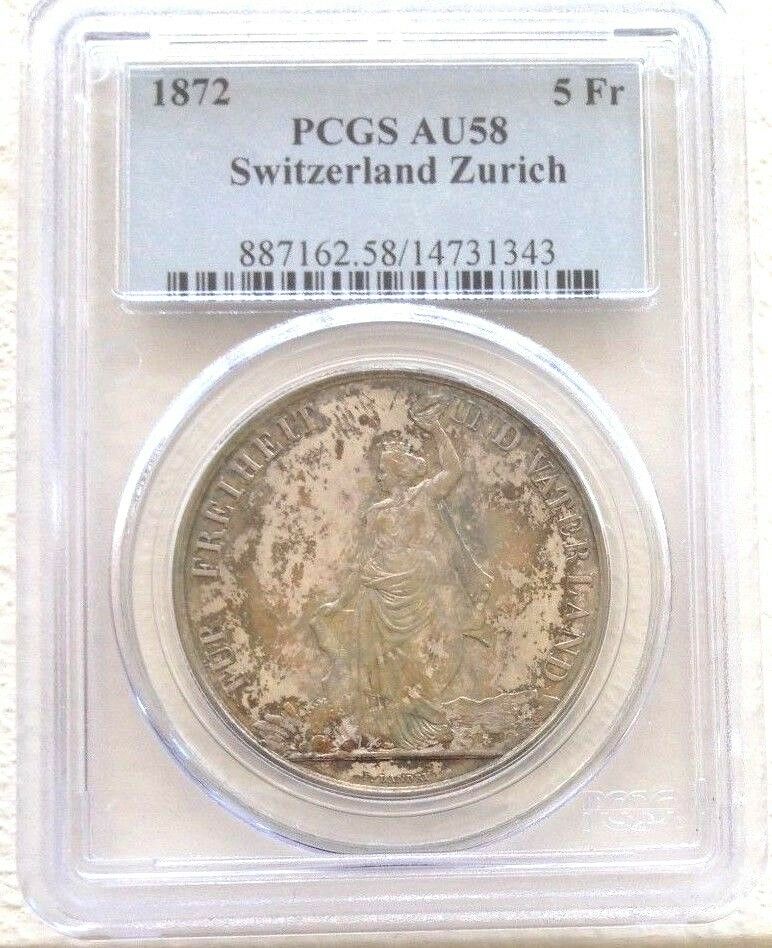 Swiss 1872 Silver Shooting Taler 5 Francs Zurich R-1731a PCGC AU58 Switzerland
