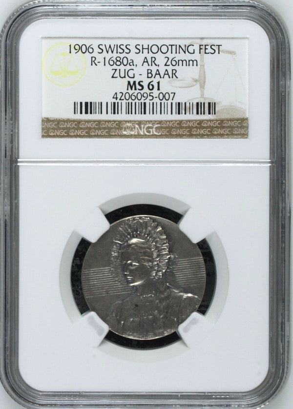 Very Rare Swiss 1906 Silver Shooting Medal Zug Baar R-1680a Woman NGC MS61